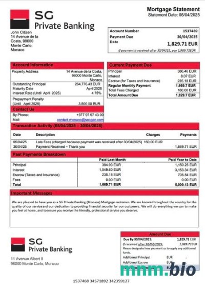 Monako SG Private Banking (Monaco) wyciąg z kredytu hipotecznego szablon Word i PDF
